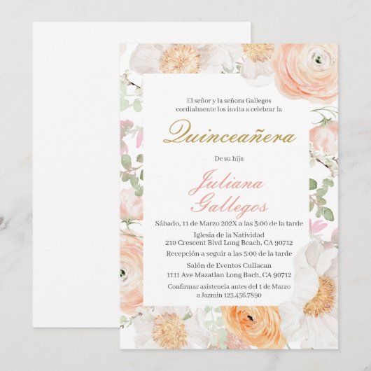 Spring Floral Quinceanera uitnodiging (Voorkant / Achterkant)