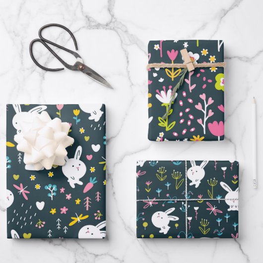 Spring Floral Rabbits Wrapping Paper Set van 3 (Voorkant)