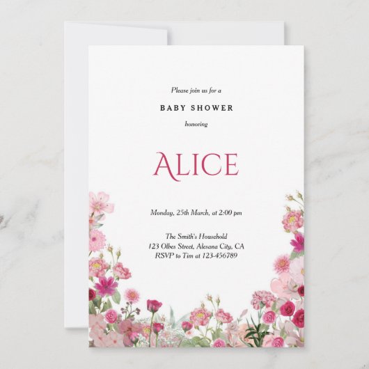 Spring Floral Roze Baby shower Invitation Chic Kaart (Voorkant)