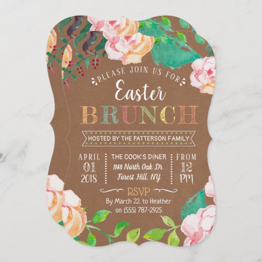 Spring Floral Rustic Kraft Easter Brunch Kaart (Voorkant / Achterkant)
