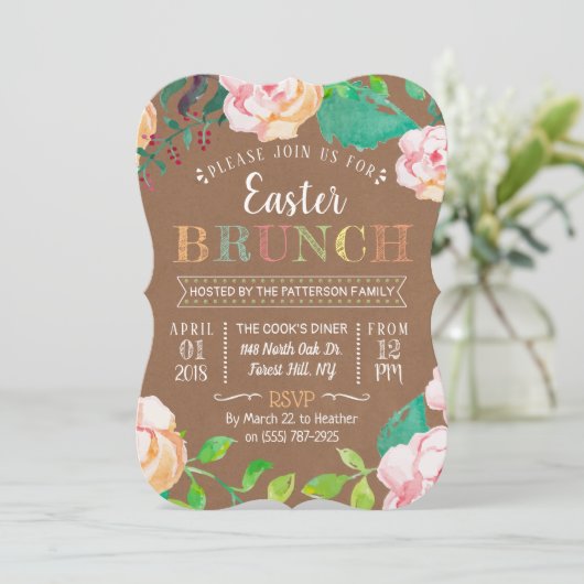 Spring Floral Rustic Kraft Easter Brunch Kaart (Staand voorkant)
