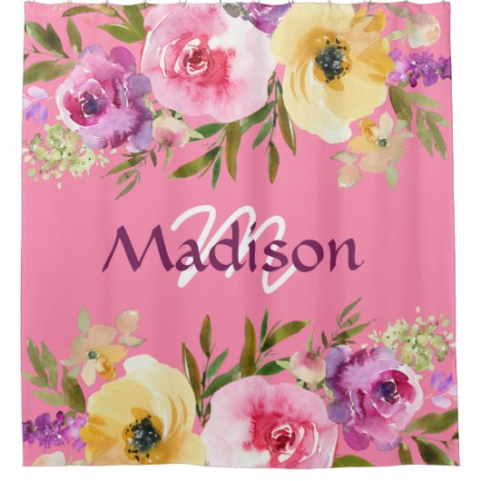 Spring Floral Trendy Girly Monogram Shower Curtain Douchegordijn (Voorkant)