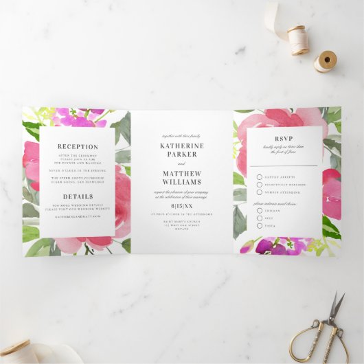  Spring Floral Waterverf All-in-One Wedding Drieluik Uitnodiging (Binnen)
