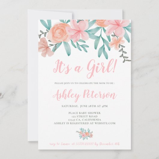 Spring floral waterverf koraal boeket baby shower kaart (Voorkant)