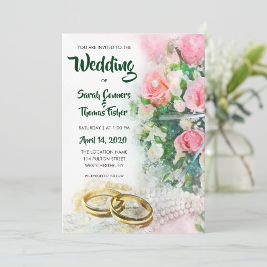 Spring Floral Waterverf Rozen bruiloft uitnodiging (Staand voorkant)