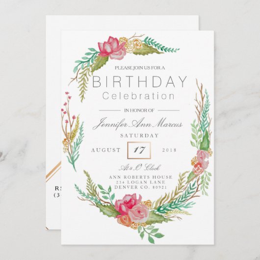 Spring Floral Waterverf | Verjaardagsfeestje Kaart (Voorkant / Achterkant)