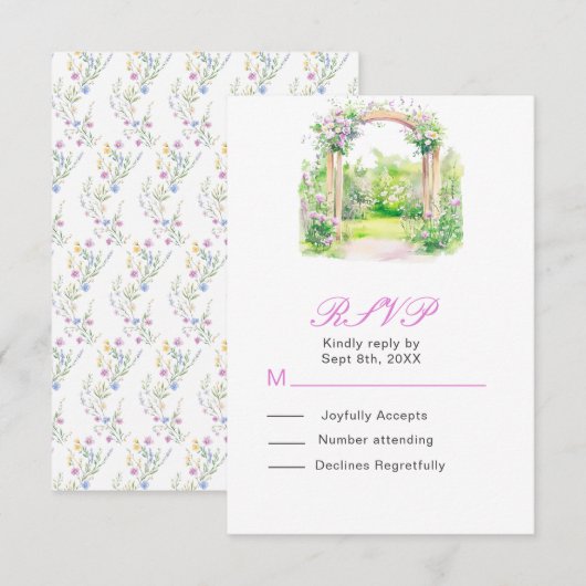 Spring Floral Wedding Arch Receptie RSVP Kaartje (Voorkant / Achterkant)