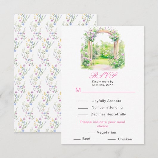 Spring Floral Wedding Arch Receptie RSVP Kaartje (Voorkant / Achterkant)