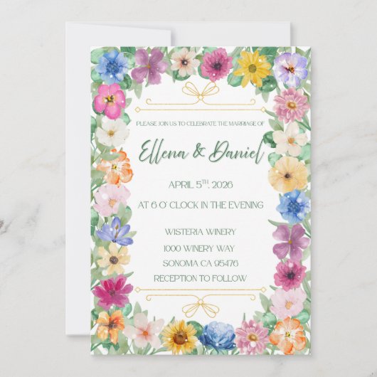 Spring Floral Wildflower Wedding Invitation  Kaart (Voorkant)