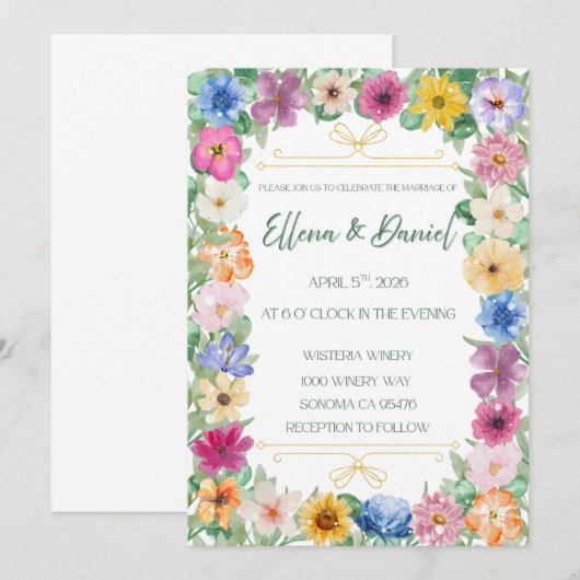 Spring Floral Wildflower Wedding Invitation  Kaart (Voorkant / Achterkant)