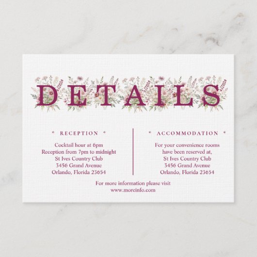 Spring Floral Wine Details Enclosure Card Informatiekaartje (Voorkant)