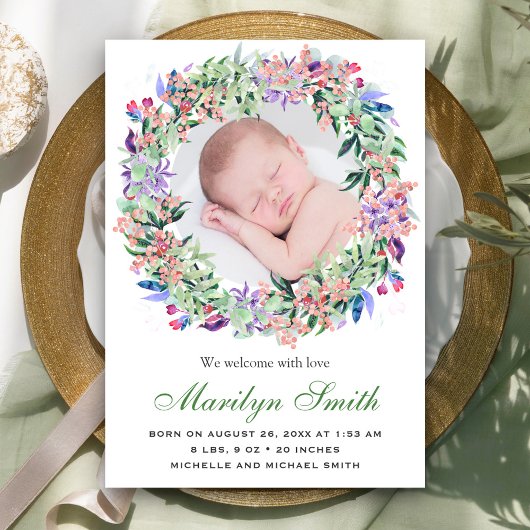 Spring Floral Wreath Photo Birth Announcement Aankondiging