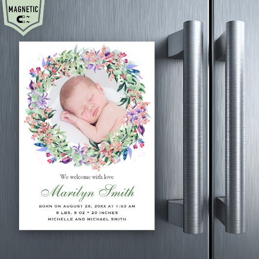 Spring Floral Wreath Photo Birth Announcement Magnetische Uitnodiging