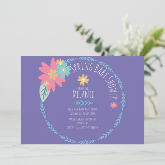 Spring Floral Wreator Paars Baby shower Invitation Kaart (Staand voorkant)