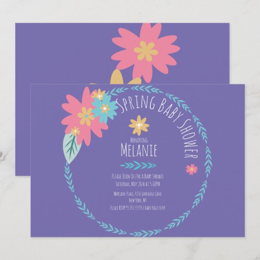 Spring Floral Wreator Paars Baby shower Invitation Kaart (Voorkant / Achterkant)