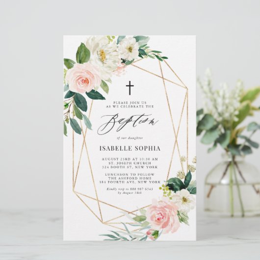 Spring Florals Gold Lijst Baptisme Invitation (Staand voorkant)