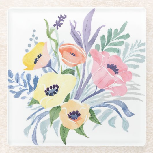 Spring Flower Bouquet |  bloemen Waterverf Glazen Onderzetter (Voorkant)