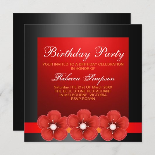 Spring Flower Design Zwart/rood Verjaardag Uitnodi Kaart (Voorkant / Achterkant)