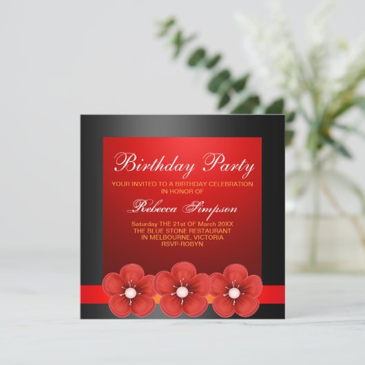 Spring Flower Design Zwart/rood Verjaardag Uitnodi Kaart (Staand voorkant)