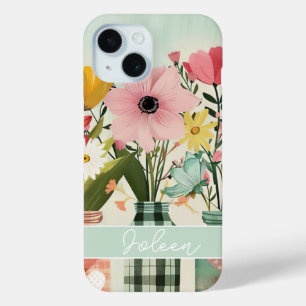 Spring Flower in Mason Jar Design met naam iPhone 15 Case