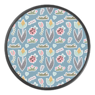 Spring Flowers and Ladybug Pattern Hockey Puck