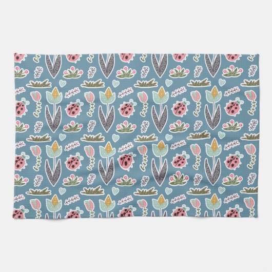 Spring Flowers and Ladybug Pattern Theedoek (Horizontaal)