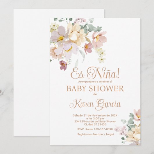Spring Flowers Baby shower Girl Invitation Kaart (Voorkant / Achterkant)
