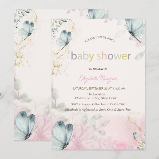 Spring Flowers Blue Butterflies Baby shower Kaart (Voorkant / Achterkant)