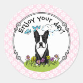 Spring Flowers Boston Terrier Dog (zwart) Cute Ronde Sticker (Voorkant)