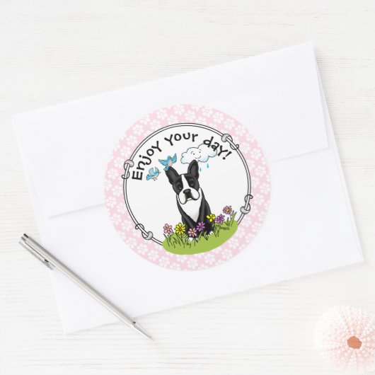 Spring Flowers Boston Terrier Dog (zwart) Cute Ronde Sticker (Envelop)