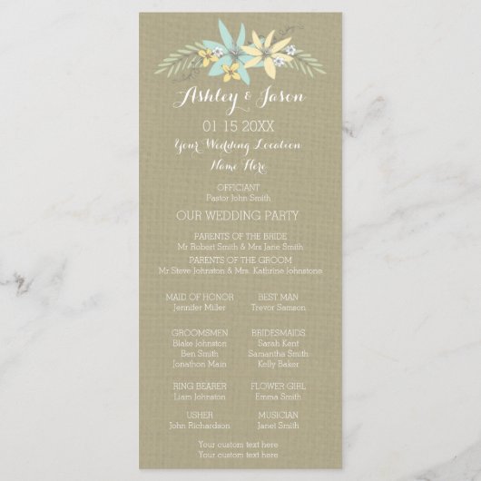 Spring Flowers & Burlap Foto Huwelijksprogramma Programmakaart (Achterkant)