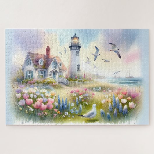 Spring Flowers by Lighthouse Coastal Cottage Legpuzzel (Horizontaal)
