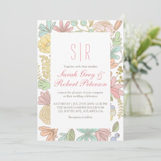 Spring Flowers Doodle Chic Wedding Invitation Kaart (Staand voorkant)