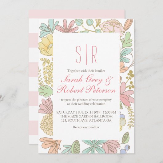 Spring Flowers Doodle Chic Wedding Invitation Kaart (Voorkant / Achterkant)