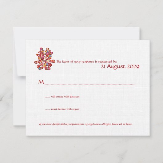 Spring Flowers Double Happiness Chinese Wedding RSVP Kaartje (Voorkant)