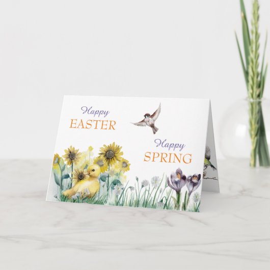 Spring Flowers Duckling en Birds Paas Kaart (Voorkant)