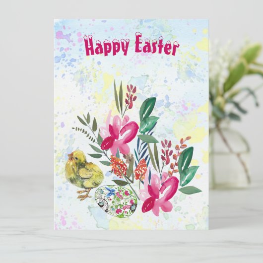 Spring Flowers Easter Chick Decorative Flora Green Feestdagenkaart (Staand voorkant)