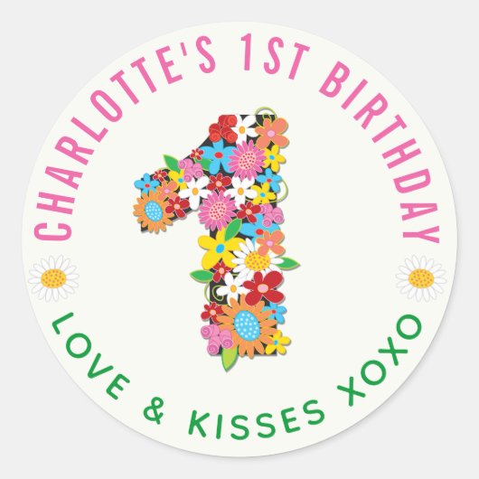 Spring Flowers Een Meisje 1e Verjaardagsfeestje St Ronde Sticker (Voorkant)