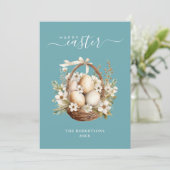 Spring Flowers Eggs Blauwgroen Happy Easter Greeti Feestdagenkaart (Staand voorkant)