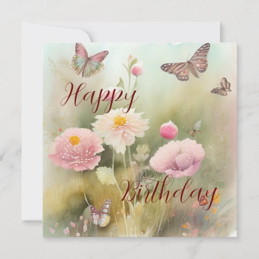 Spring Flowers en Butterfly Waterverf Verjaardag Kaart (Voorkant)