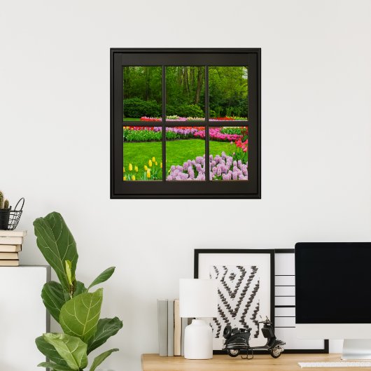 Spring Flowers Faux Window Illusion 24x24 Black Poster (Thuiskantoor)