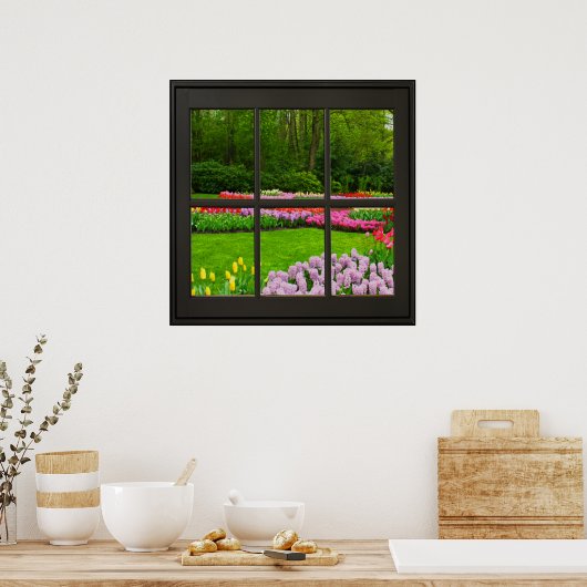 Spring Flowers Faux Window Illusion 24x24 Black Poster (Keuken)