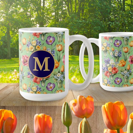 Spring Flowers Garden Sage Green Monogrammed Koffiemok