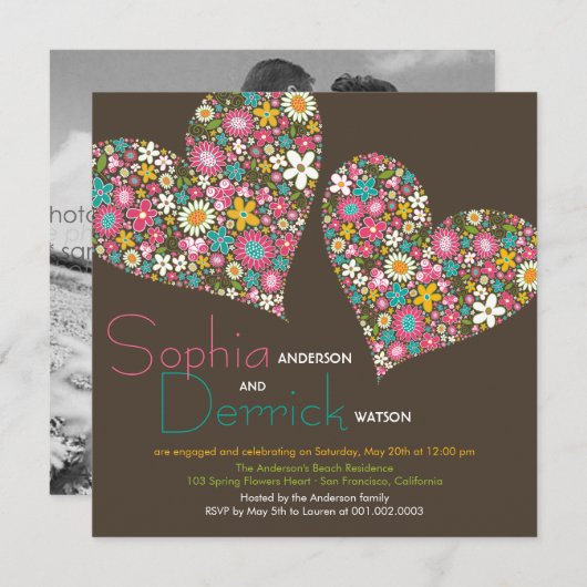 Spring Flowers Heart Engagement Party nodigt uit Kaart (Voorkant / Achterkant)
