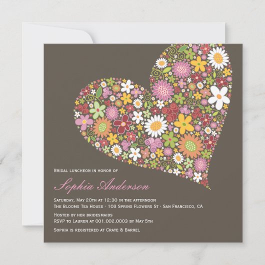 Spring Flowers Heart Love Bridal Luncheon Invite Kaart (Voorkant)