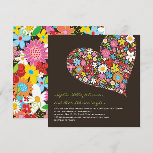 Spring Flowers Heart Whimsical Wedding Invite Kaart (Voorkant / Achterkant)