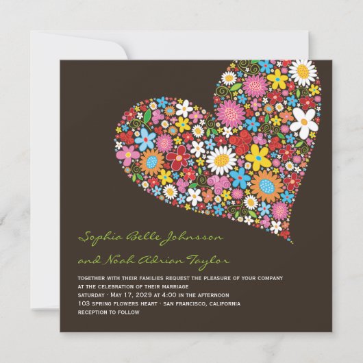 Spring Flowers Heart Whimsical Wedding Invite Kaart (Voorkant)