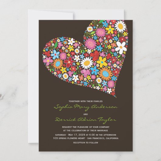 Spring Flowers Heart Whimsical Wedding Invite Kaart (Voorkant)