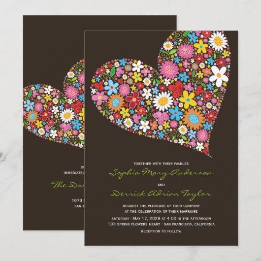 Spring Flowers Heart Whimsical Wedding Invite Kaart (Voorkant / Achterkant)