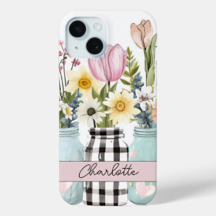Spring Flowers in Mason Jar Design met naam iPhone 15 Case
